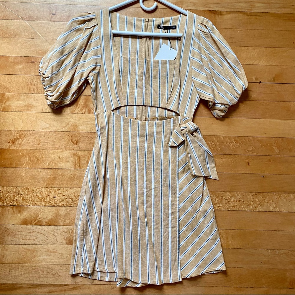 NWT Zara Wrap Dress- Yellow with Stripes, Cut Out and Waist Tie